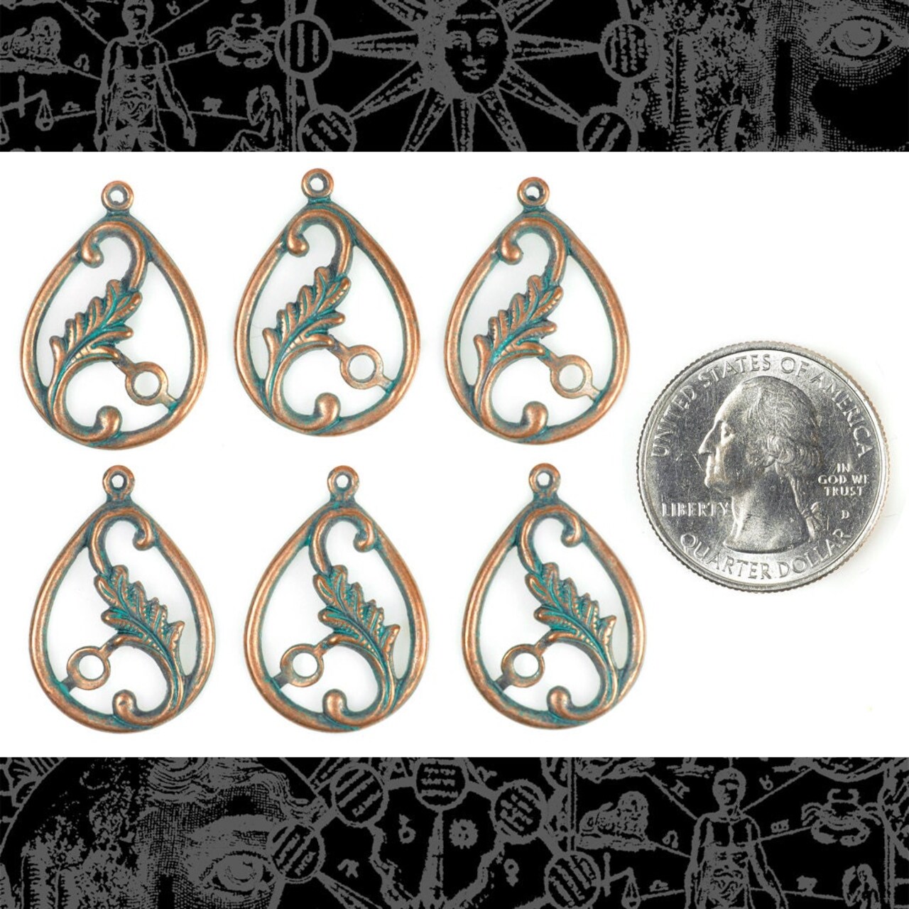 Verdigris Teardrop Filigree Mount Connectors or Charms - Three Pairs Mirror Image - V-C146